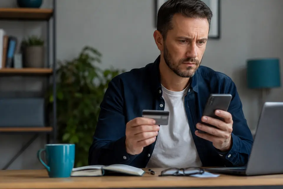 Akıllı telefon ve banka kartıyla olası dolandırıcılığı fark eden kişi