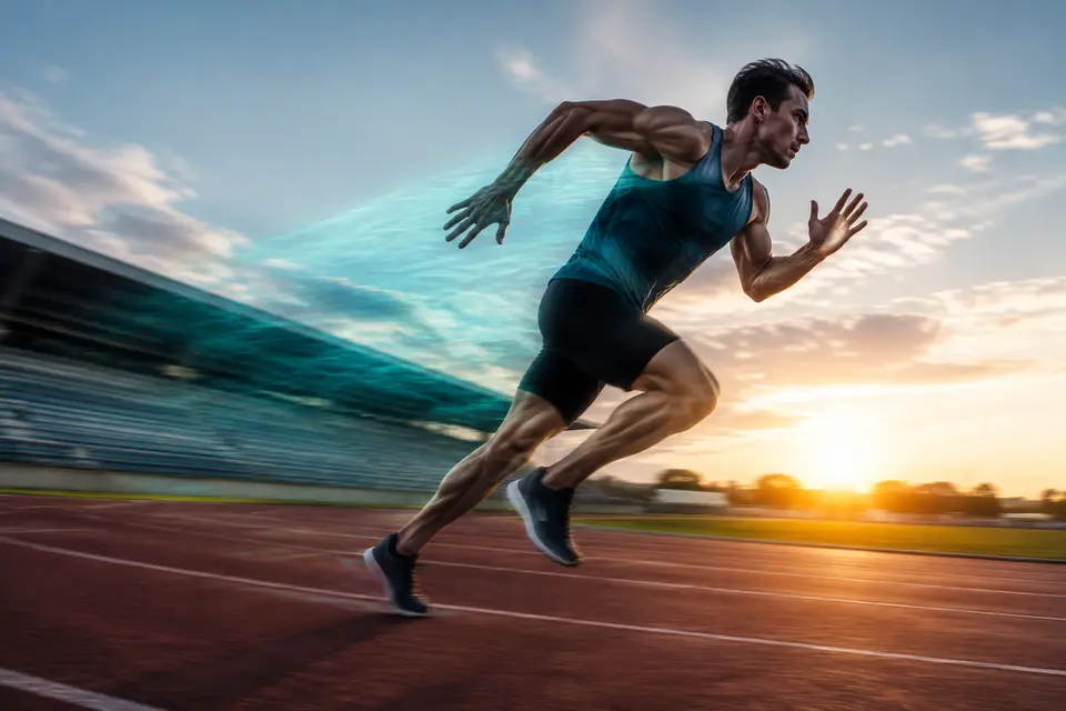 Koşu pistinde güçlü ve dinamik biçimde hızlanan sporcu
