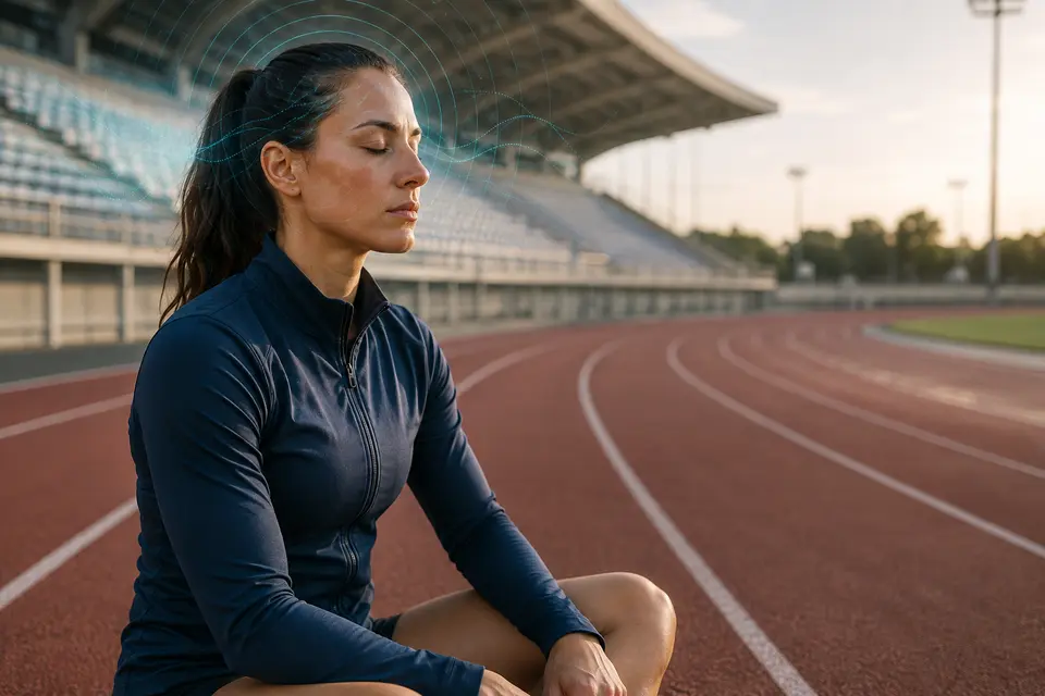 Koşu pistinde zihinsel prova ve odaklanma çalışması yapan sporcu