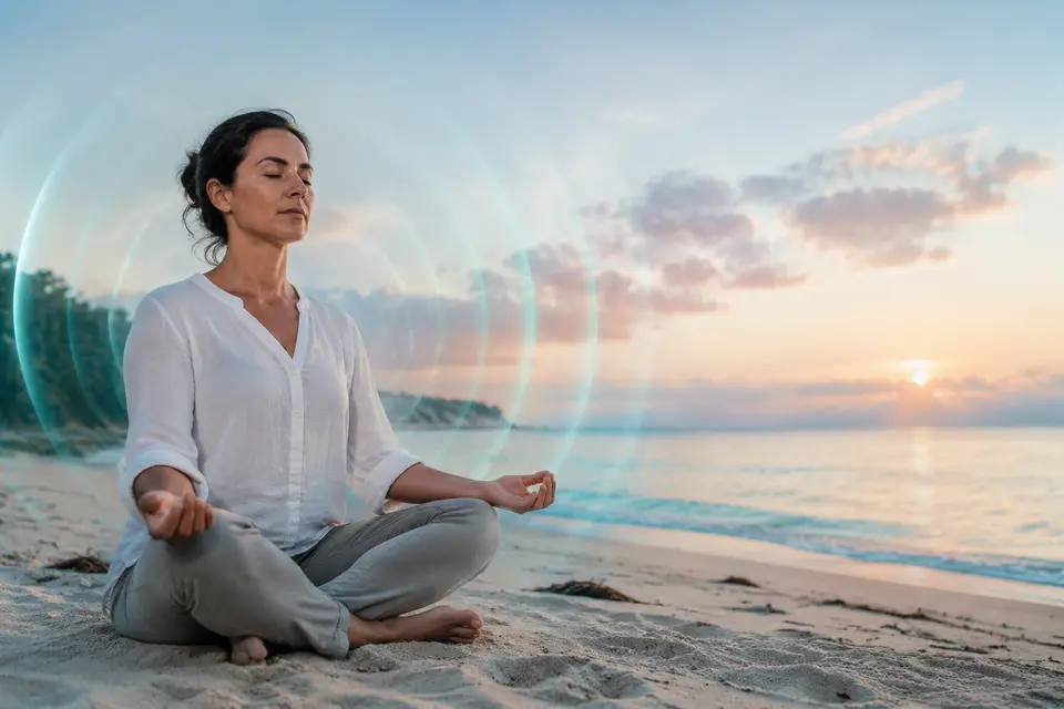 Deniz kıyısında sakin biçimde meditasyon yapan kadın