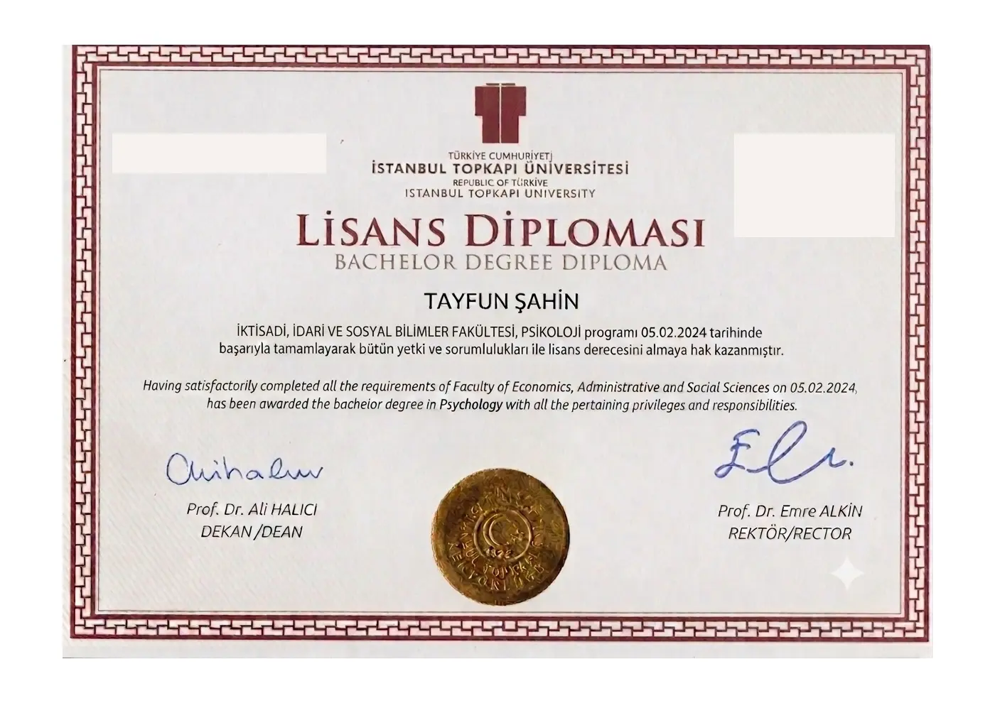 Hakkımda Tayfun Şahin İstanbul Topkapı Üniversitesi Psikoloji Lisans Diploması