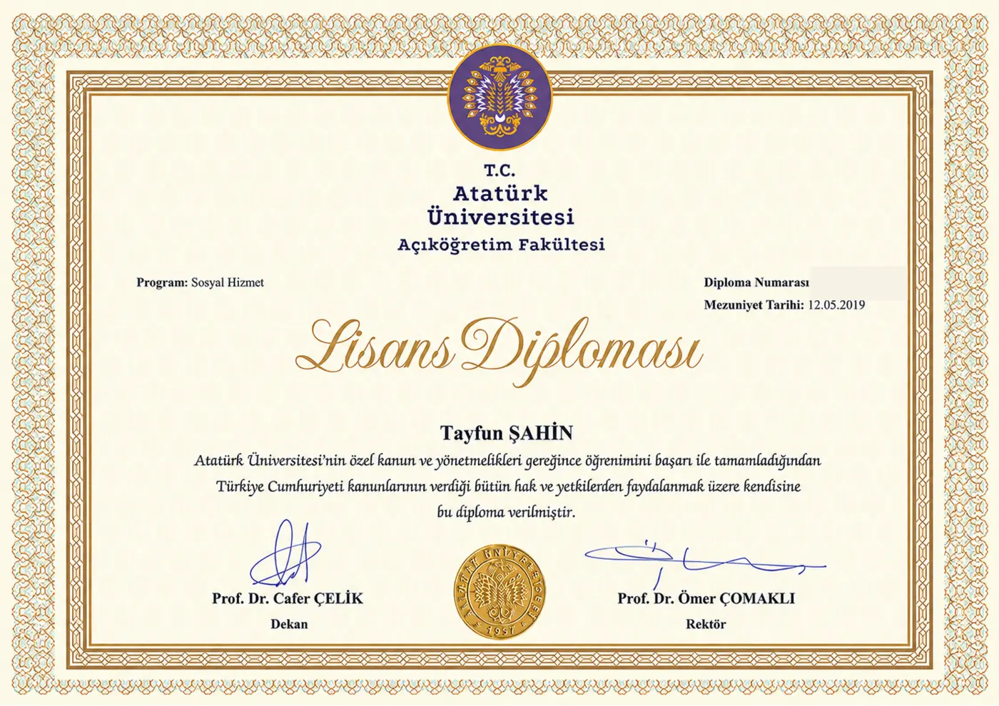 Hakkımda Tayfun Şahin Atatürk Üniversitesi Sosyal Hizmet Lisans Diploması